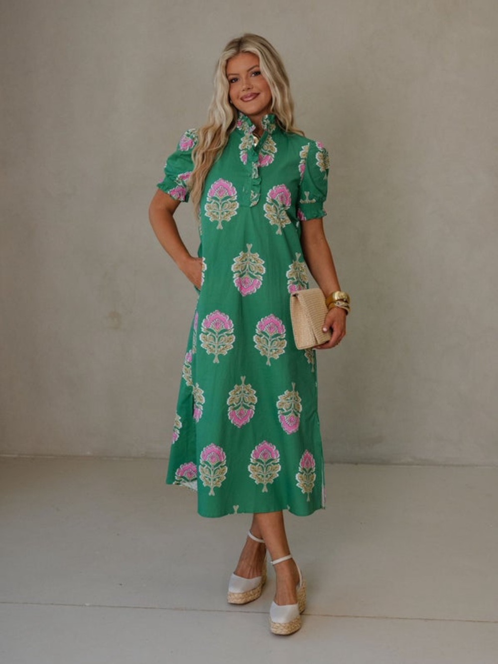 These Three Boutique- Green Floral Midi Dress with Pink Accents